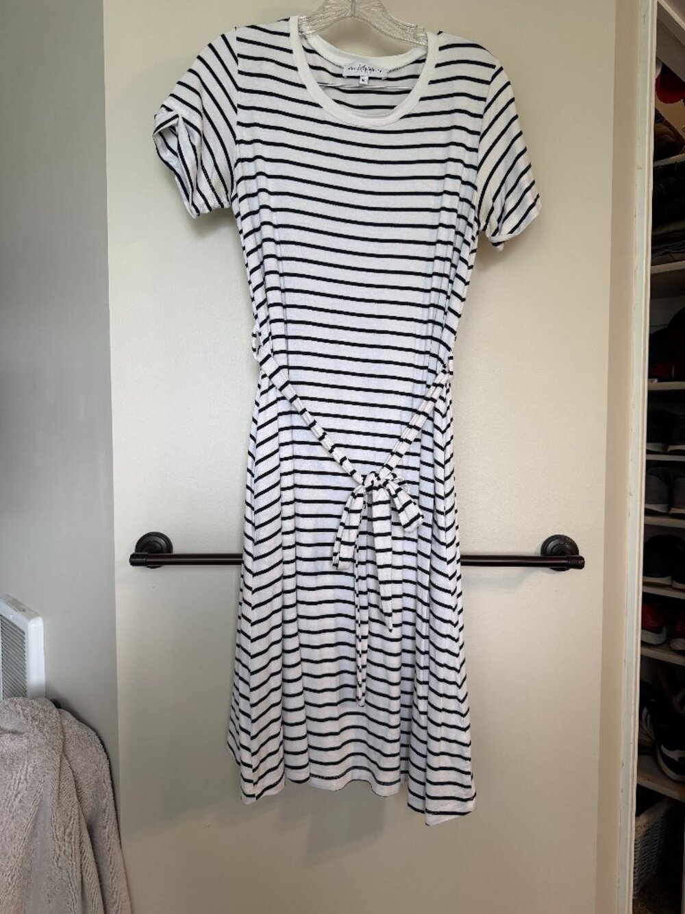 Merrick White Striped Tie-Waist Short Sleeve Dress Women's Medium